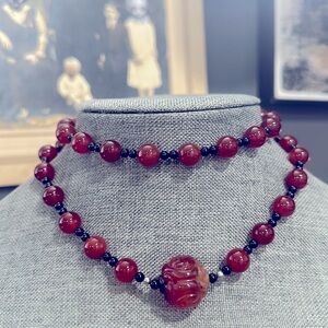 Genuine Red Agate Beaded Necklace With Carved Jade Pendant